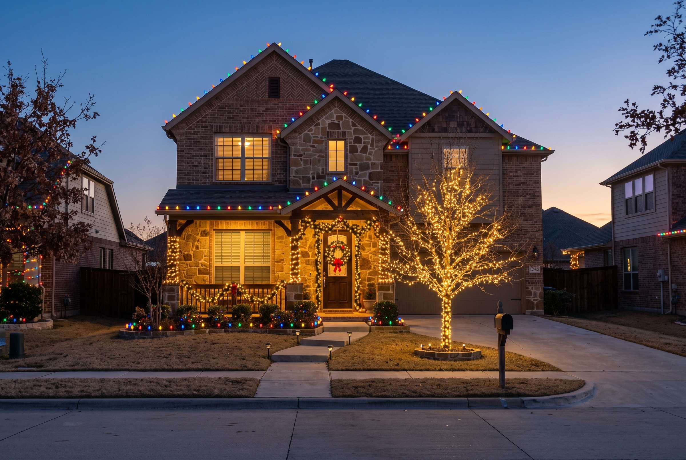Two-story suburban home with multicolor C9 bulbs on the roofline, wrapped porch columns, lit garland and a wrapped front-yard tree