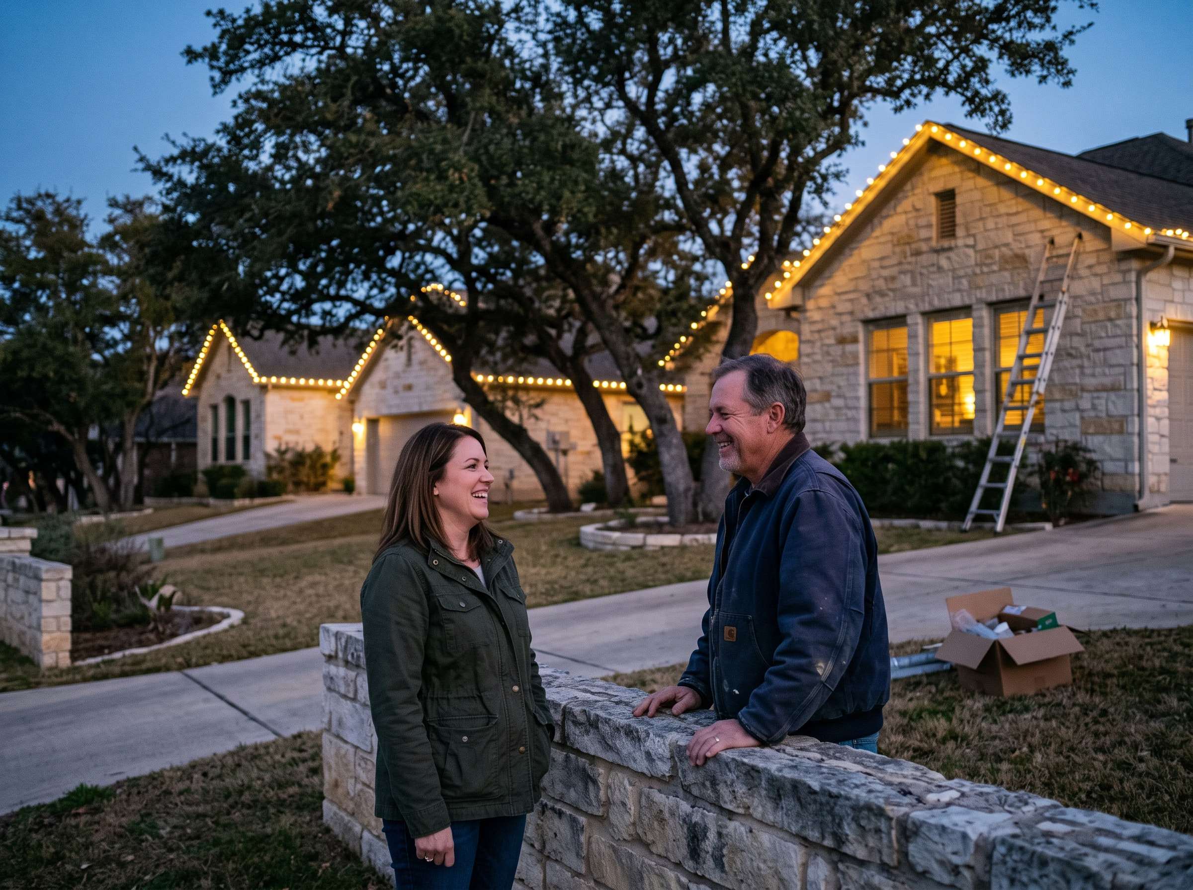 Two neighbors chatting over a limestone wall in front of their homes, both lit with warm white roofline Christmas lights at dusk